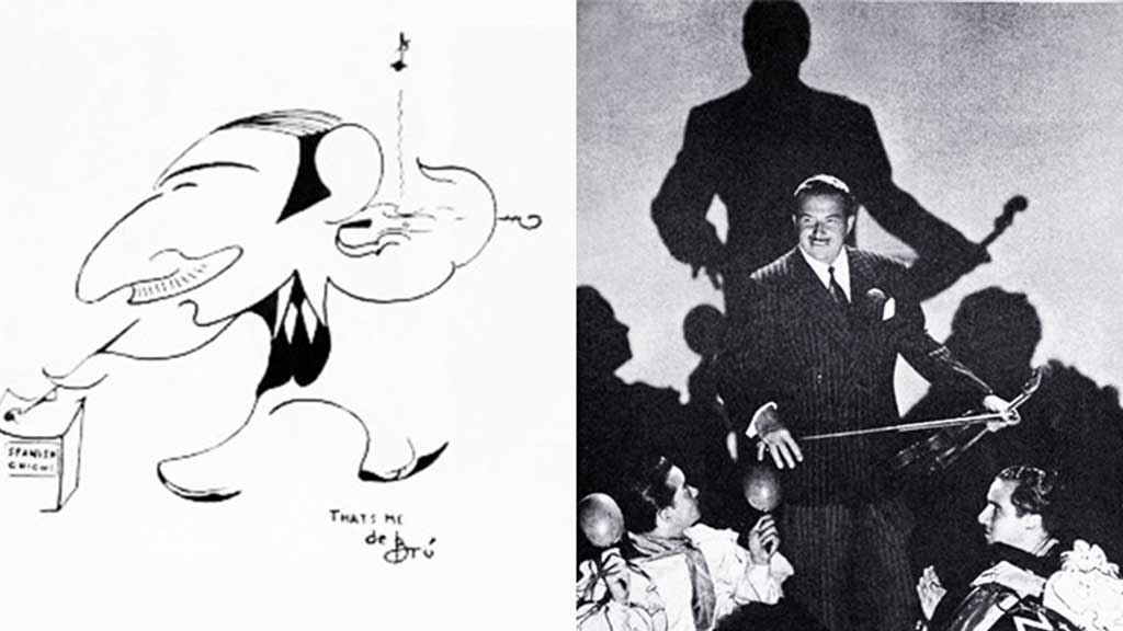 A cartoon drawing of Latin music icon Xavier Cugat and photo next to it